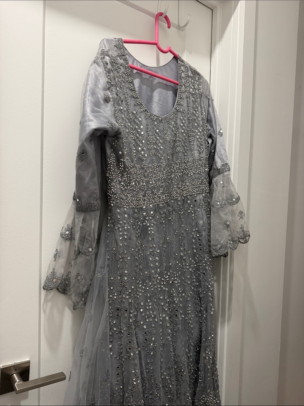 Desi wedding guest -  Silver Embellished maxi Dress (3 pieces)